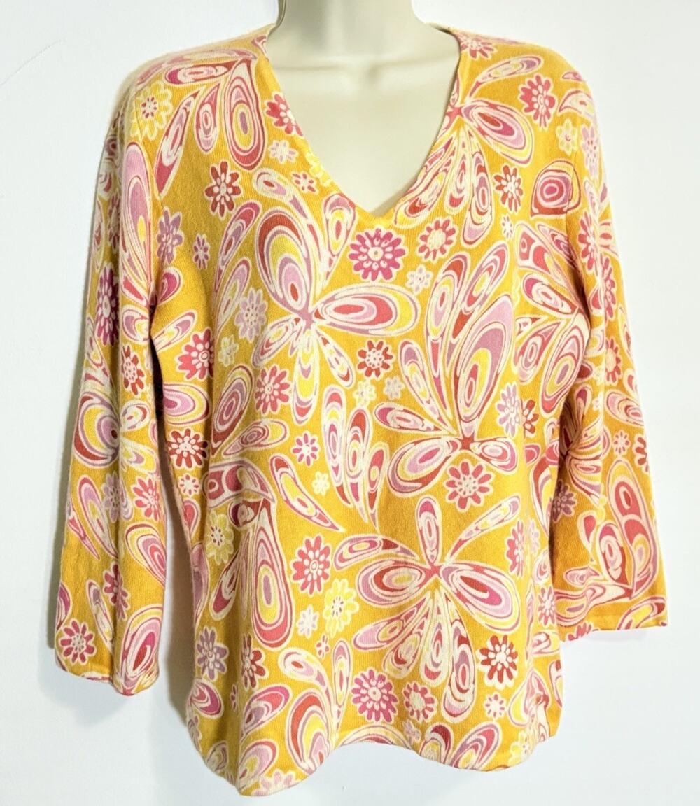 Daniel Bishop Women’s Large 100% Cashmere V-Neck Sweater Colorful Yellow/Pinks